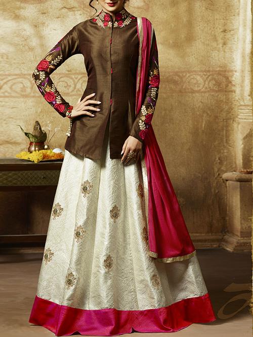 brown silk unstitched skirt suit - 14632724 - Standard Image - 1