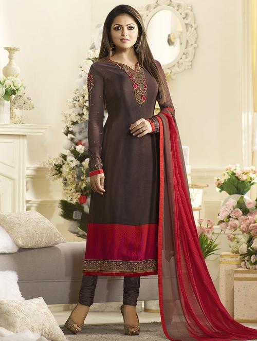 brown crepe semi-stitched churidaar suit - 14663249 - Very Small Image - 1