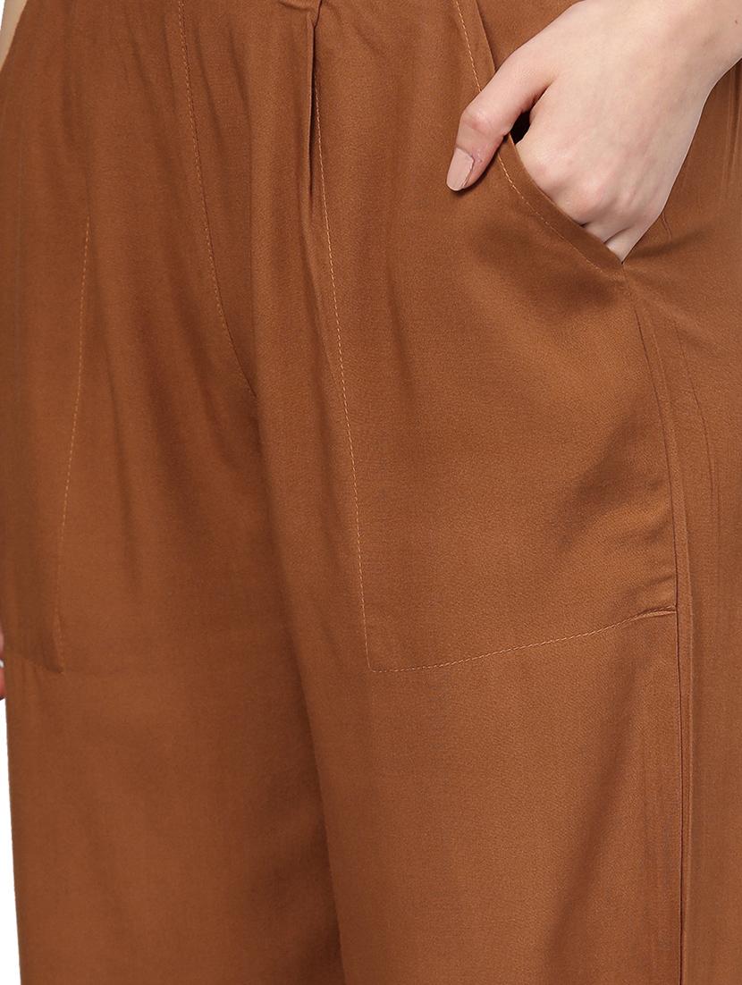 brown solid palazzo - 14733553 - Zoom Image - 4