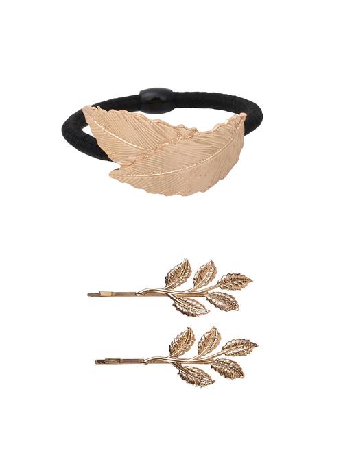 aaishwarya golden leaf motif hair tie & hairclips/pins combo - 14749170 - Standard Image - 1