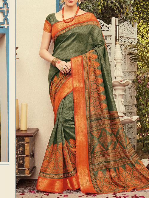 green printed saree with blouse - 14755519 - Standard Image - 1