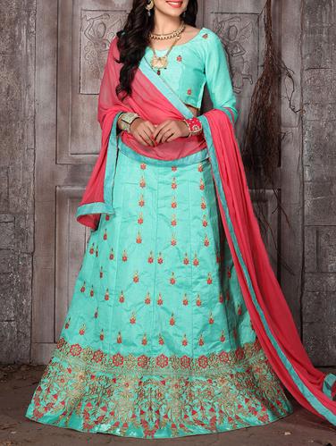 Turquoise satin embroidered lehenga - 14813756 - Very Small Image - 1
