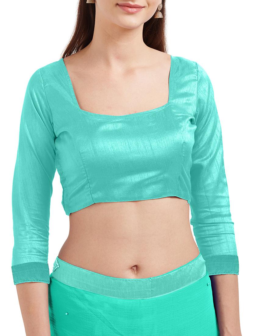 turquoise bordered saree with blouse - 14813996 - Zoom Image - 4