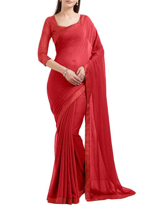 red chiffon bordered saree with blouse - 14813999 - Standard Image - 1