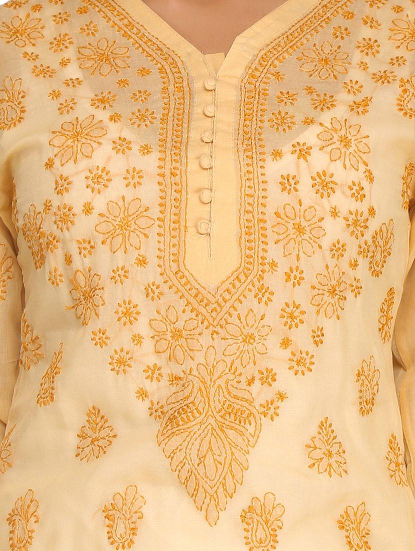 ada beige cotton straight kurta - 14887140 - Zoom Image - 4