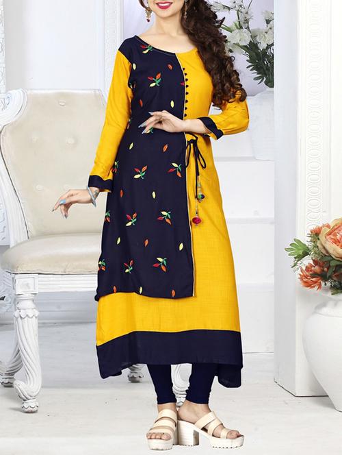 Yellow & blue rayon layered kurta - 14899815 - Standard Image - 1