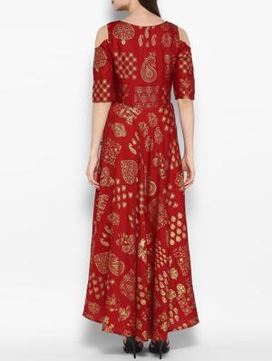 Gold foil print cold sleeves flared kurta - 14905944 - Standard Image - 4