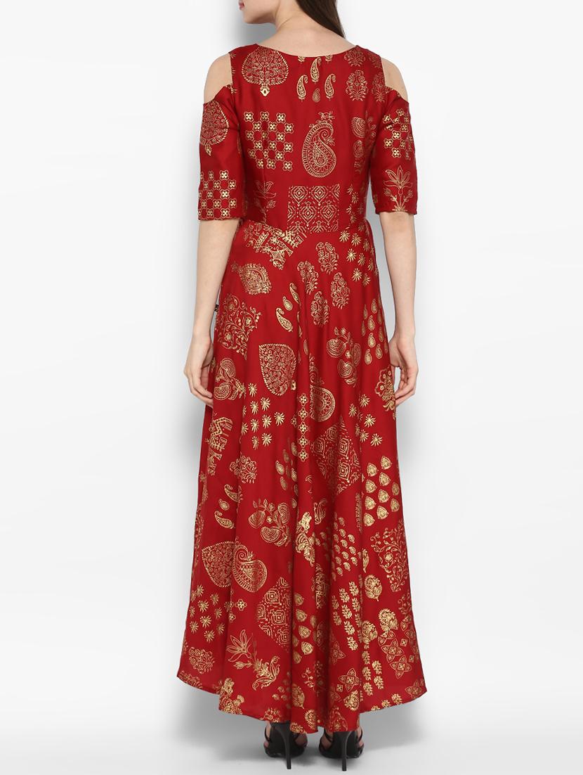 Gold foil print cold sleeves flared kurta - 14905944 - Zoom Image - 4