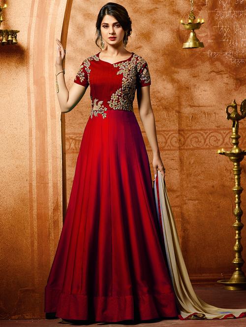 red silk semi-stitched anarkali suit - 14908030 - Standard Image - 1