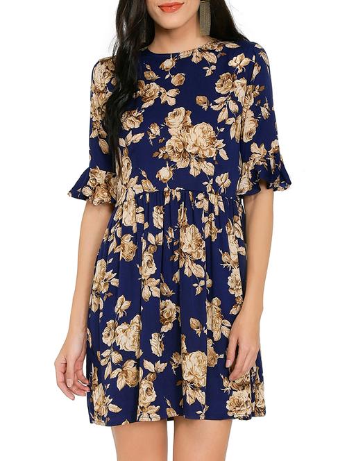 blue printed fit & flare dress - 14979292 - Standard Image - 1