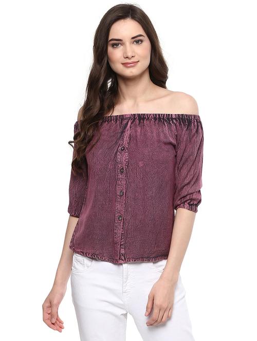 purple off shoulder denim top - 14980425 - Standard Image - 1