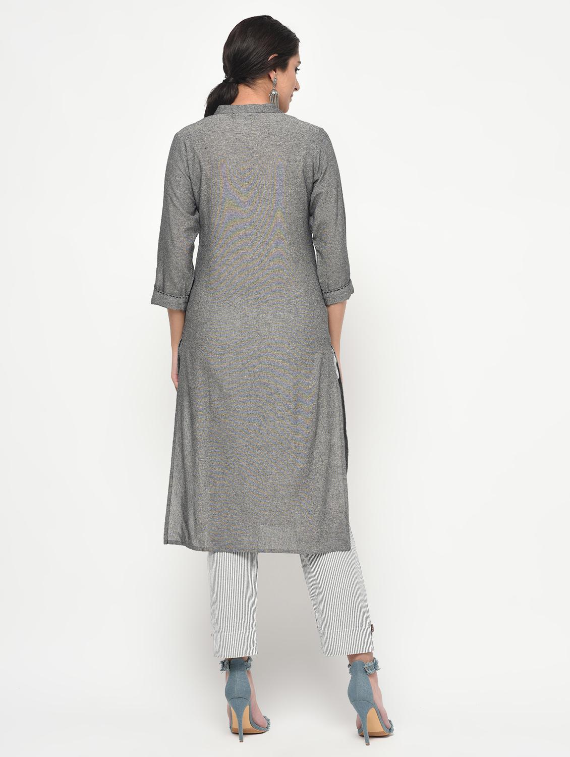 grey cotton straight kurta - 14981953 - Zoom Image - 4