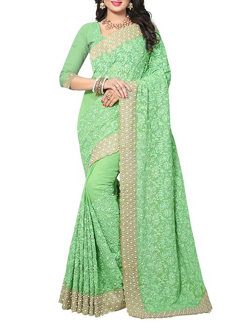 green georgette embroidered saree with blouse - 14999448 - Standard Image - 1