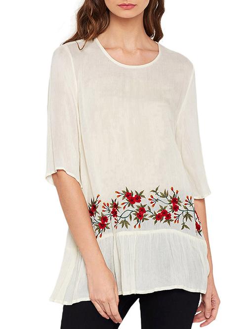 white viscose solid embroidered tunic - 15001397 - Standard Image - 1