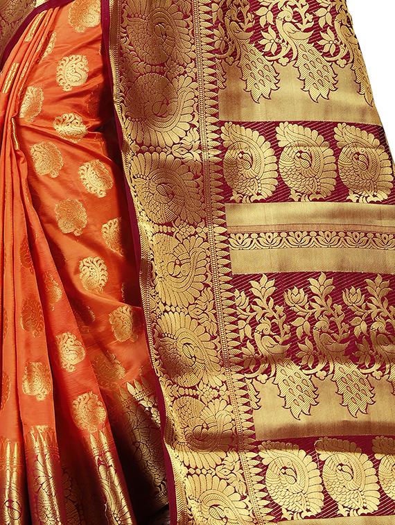 orange art silk banarasi saree with blouse - 15009300 - Zoom Image - 4