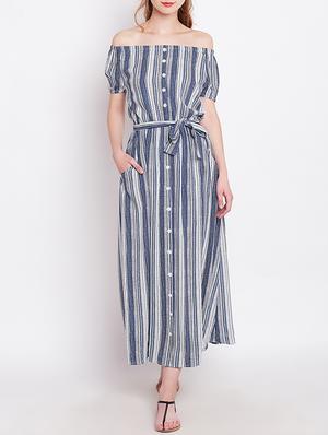 blue striped rayon off shoulder dress - 15011297 - Standard Image - 4