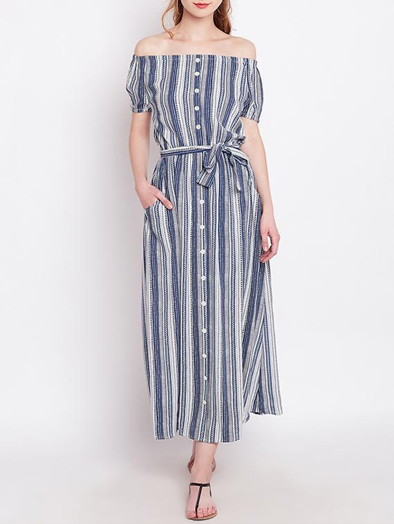 blue striped rayon off shoulder dress - 15011297 - Zoom Image - 4