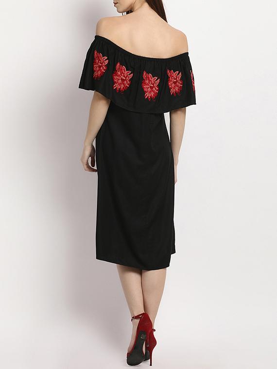 black embroidered rayon off shoulder dress - 15011312 - Zoom Image - 4