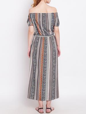 blue printed rayon off shoulder dress - 15011411 - Standard Image - 4