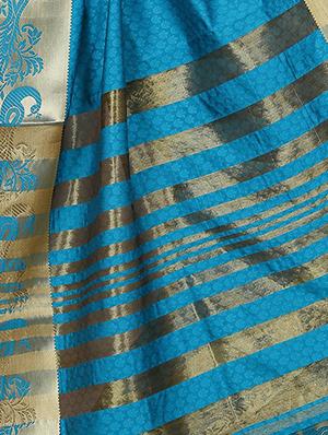 turquoise cotton blend woven saree with blouse - 15023478 - Standard Image - 4