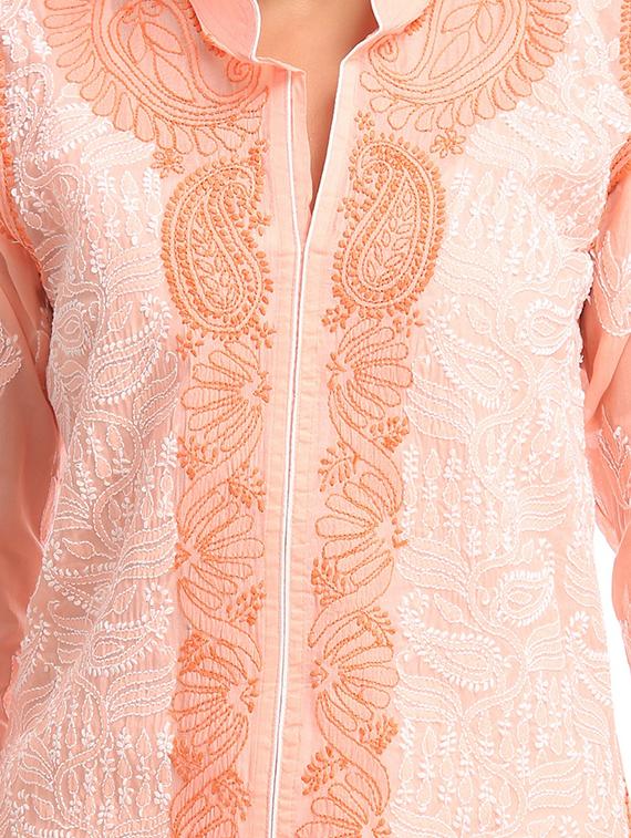 ada peach chikankari cotton straight kurta - 15024843 - Zoom Image - 4