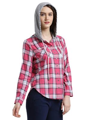 pink cotton checkered hooded shirt - 15028017 - Standard Image - 4