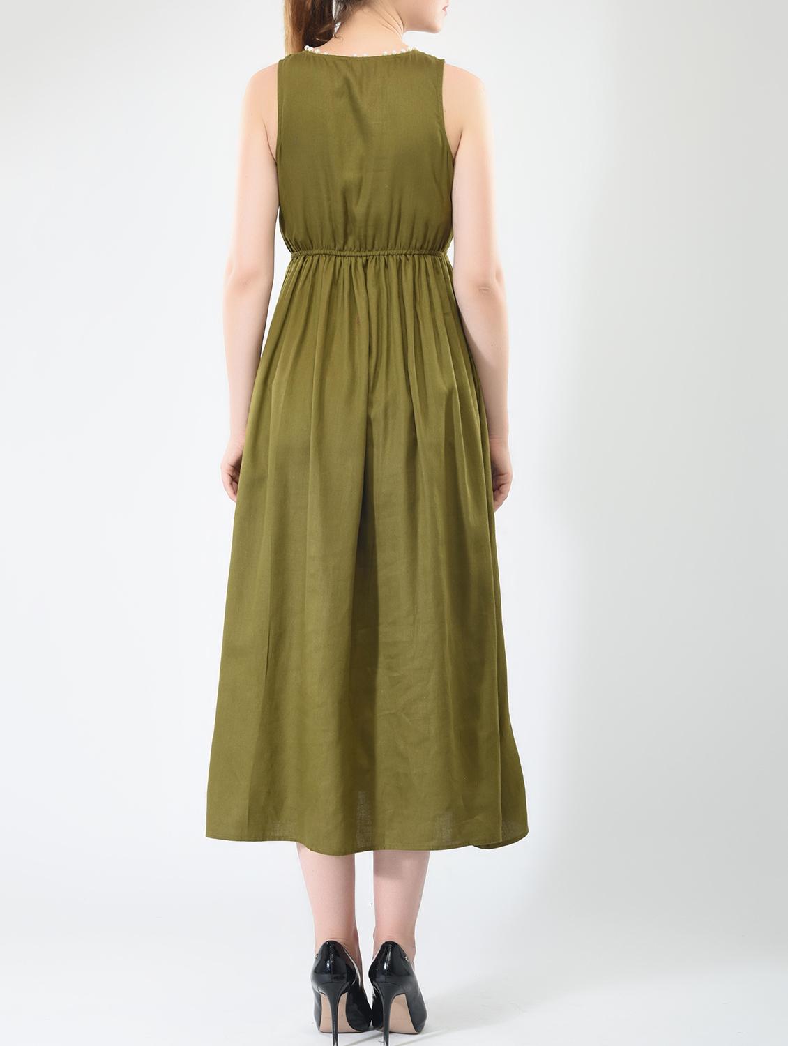 olive green solid cotton empire line dress - 15030981 - Zoom Image - 4
