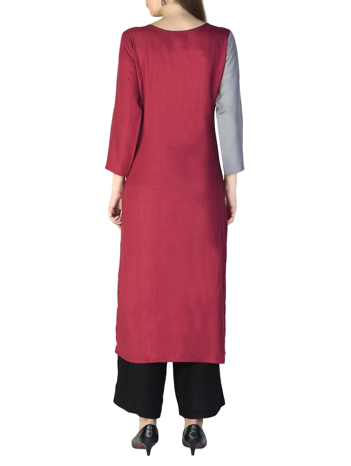 maroon rayon straight embroidered kurta - 15033008 - Zoom Image - 4