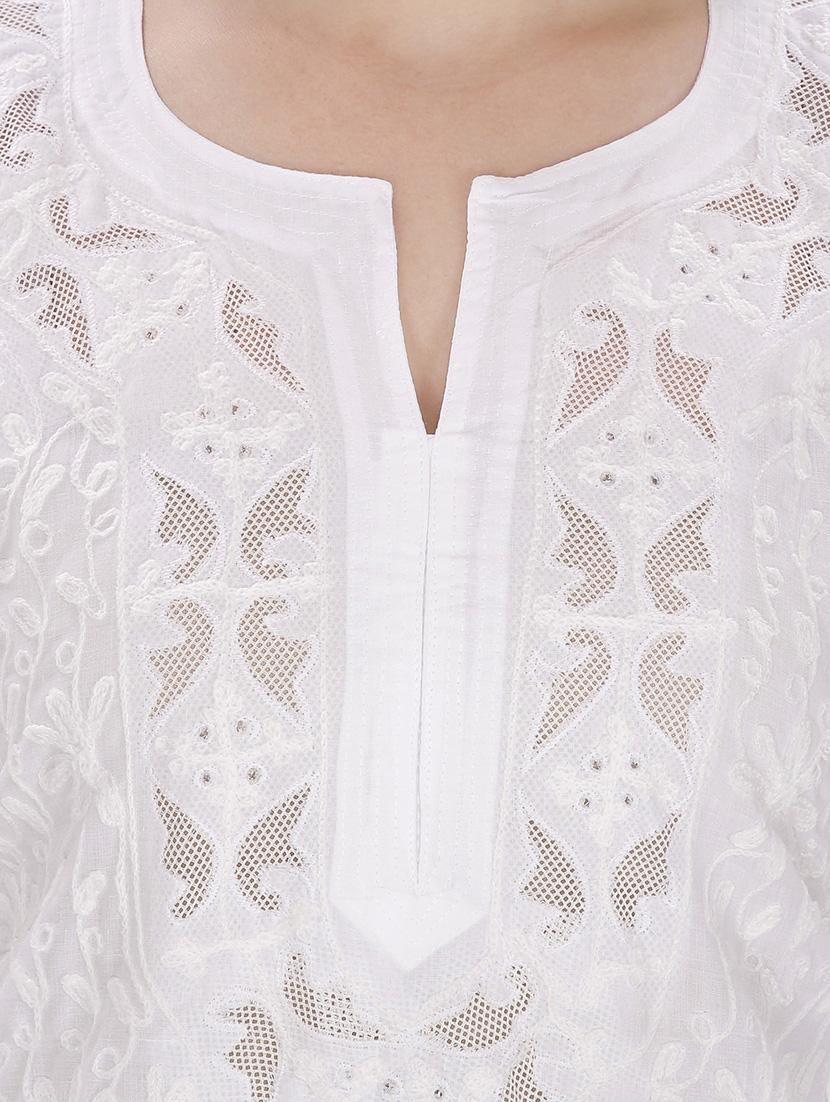 white cotton solid kurta - 15055125 - Zoom Image - 4
