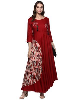 maroon rayon flared kurta - 15059595 - Standard Image - 4