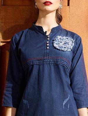 blue denim straight kurta - 15064179 - Standard Image - 4
