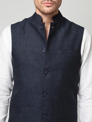 navy blue linen nehru jacket - 15064356 - Standard Image - 4