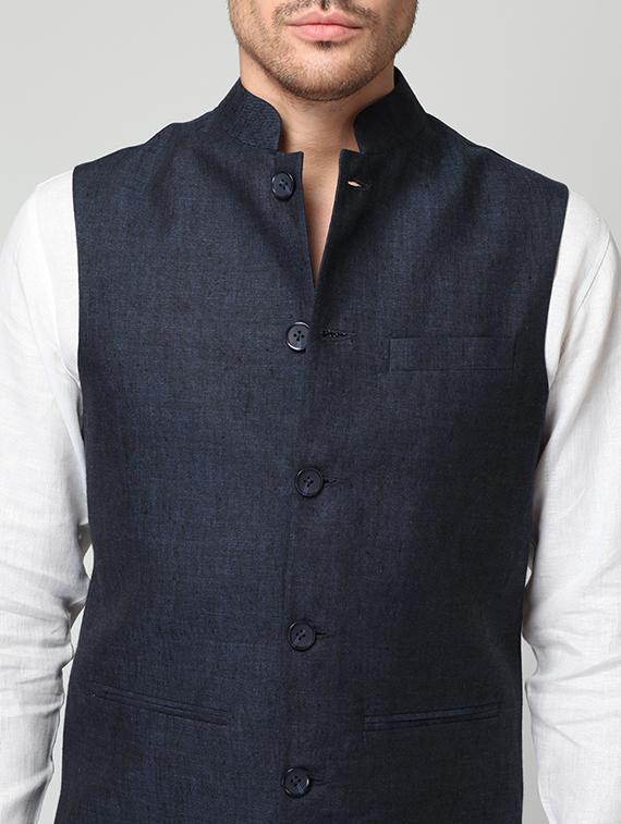 navy blue linen nehru jacket - 15064356 - Zoom Image - 4