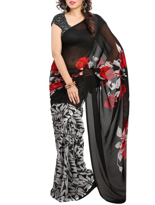 black georgette printed saree with blouse - 15068191 - Standard Image - 1