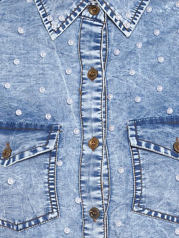 light blue solid embellished denim shirt - 15085661 - Zoom Image - 4
