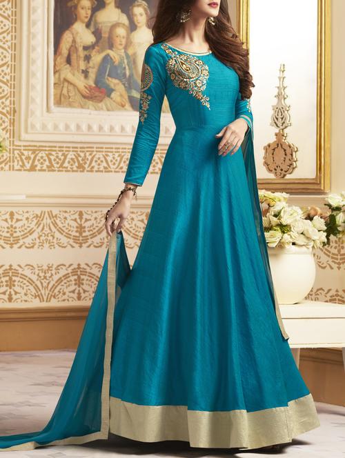 blue silk semi-stitched flared suits - 15087682 - Very Small Image - 1