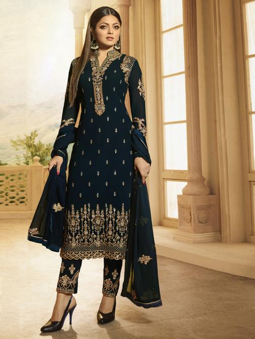 Blue georgette semi-stitched straight pant suit - 15091752 - Standard Image - 1
