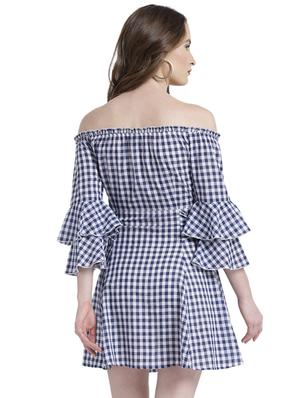 blue checkered off shoulder dress - 15092402 - Standard Image - 4