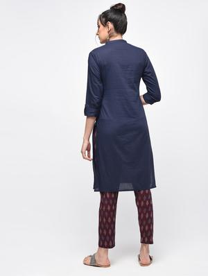 Blue cotton solid straight kurta - 15101345 - Standard Image - 4