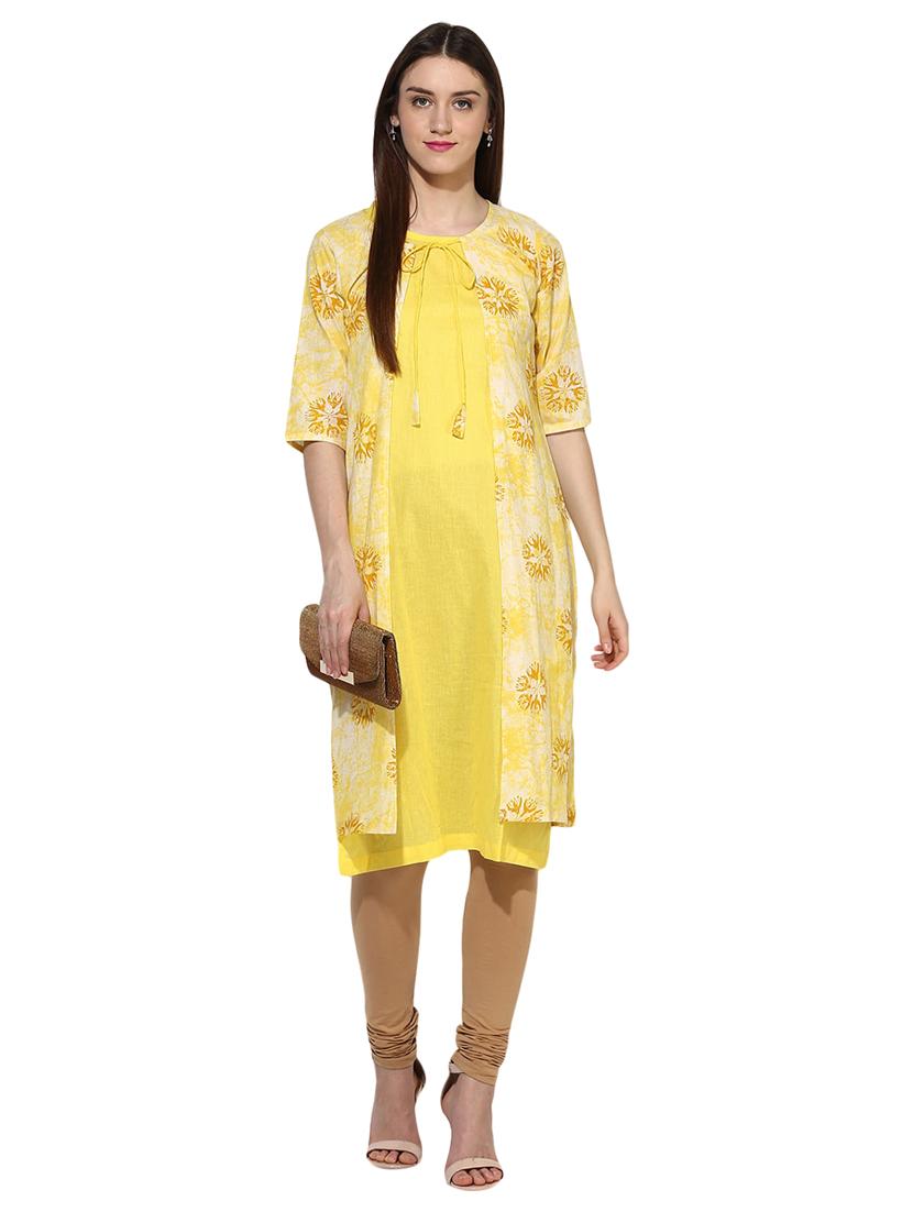 yellow cotton layered kurta - 15113421 - Zoom Image - 4