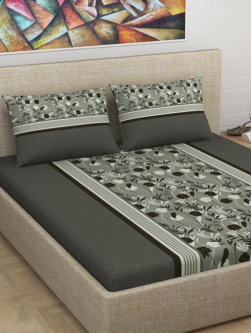 Divine Casa 100% Cotton 240 TC Floral 1 King Size Bedsheet With 2 Pillow Covers, Grey - 15119254 - Very Small Image - 1
