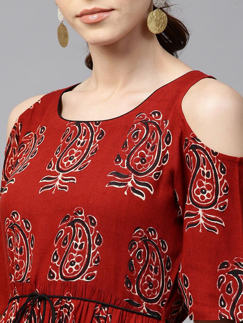brown rayon flared kurta - 15122097 - Zoom Image - 4