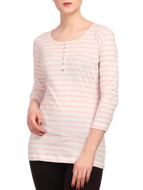 pink striped cotton henley tee - 15132443 - Standard Image - 1