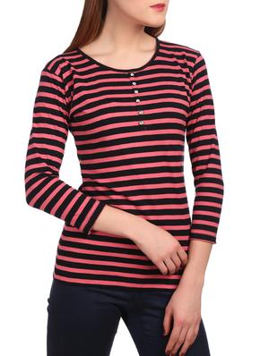 pink striped cotton henley tee - 15132446 - Standard Image - 4