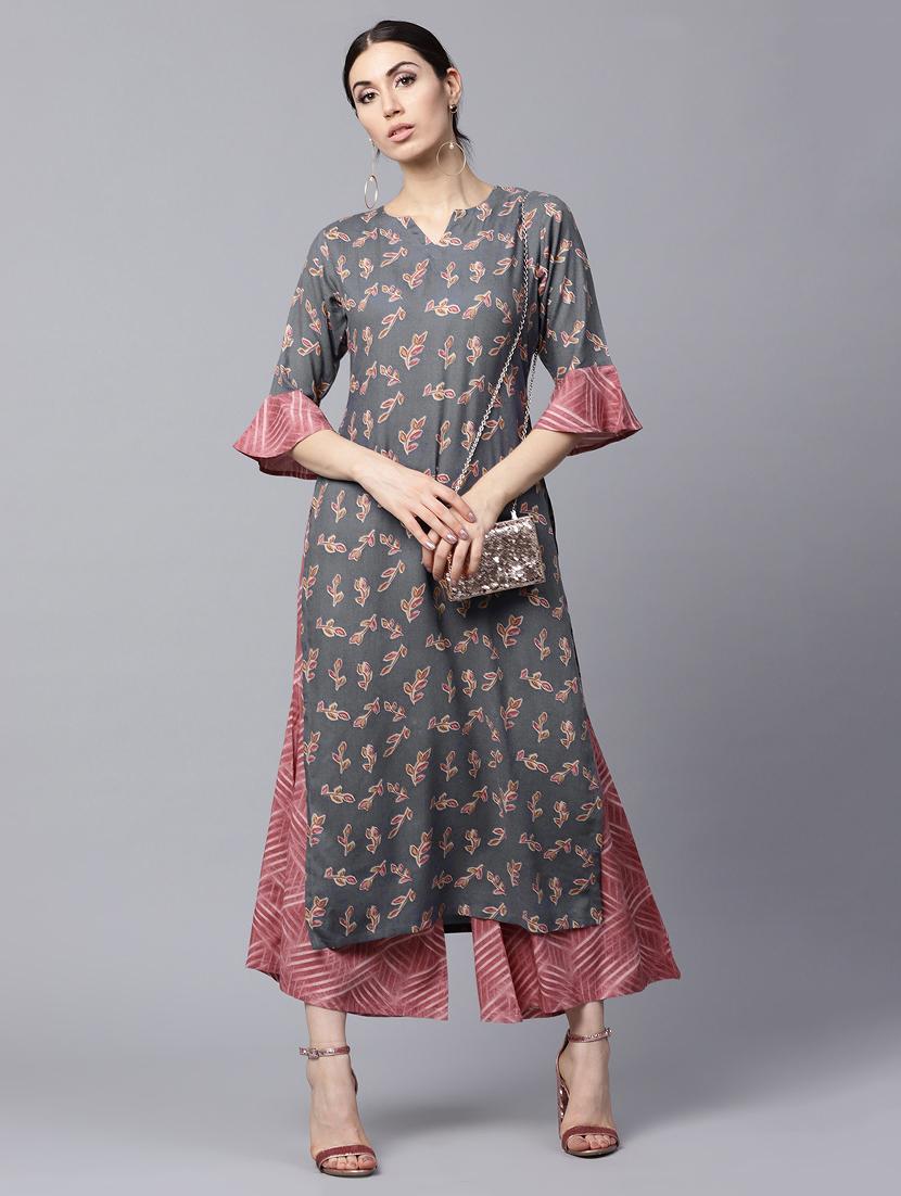 grey rayon kurta palazzo set - 15143337 - Zoom Image - 4