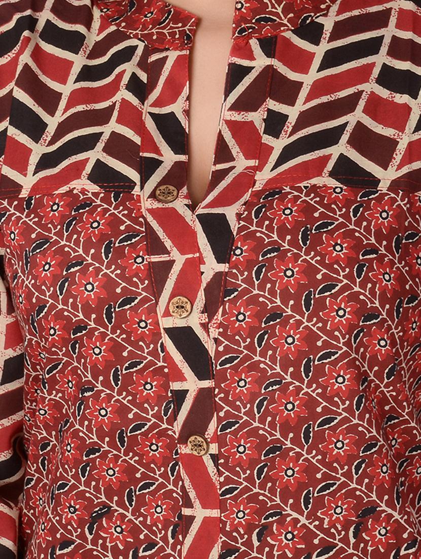 red cotton straight kurta - 15148220 - Zoom Image - 4
