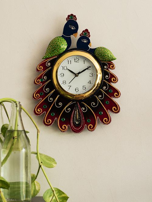 Handcrafted Papier-Mache 2 Peococks Decorative Wall Clock - 15148653 - Standard Image - 1