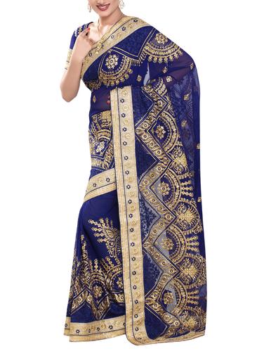 blue georgette embroidered saree with blouse - 15152353 - Very Small Image - 1