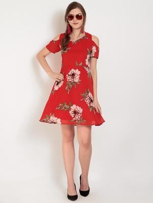 Lace up back floral cold shoulder dress - 15155781 - Standard Image - 4