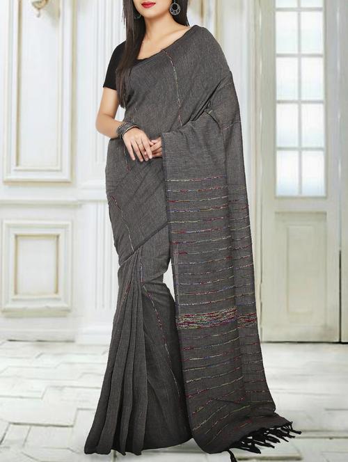 grey cotton handloom saree with blouse - 15158496 - Very Small Image - 1